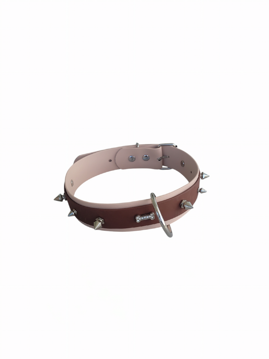 Bark Tone Collar - Powder Tan w/Brown Tone - Silver Spikes and Dog Bone