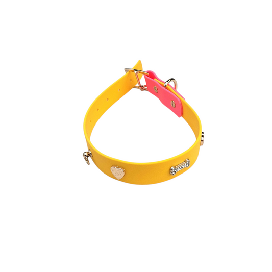 Bark Accent Collar - Yellow w/Pastel Pink Accent and Gold Hearts - 1" Large