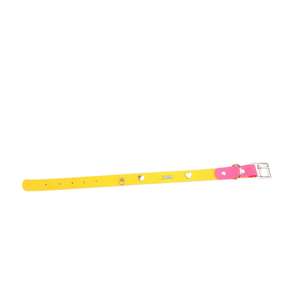 Bark Accent Collar - Yellow w/Pastel Pink Accent and Gold Hearts - 1" Medium