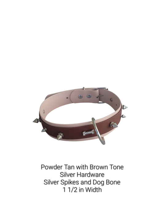 Bark Tone Collar - Powder Tan w/Brown Tone - Silver Spikes and Dog Bone